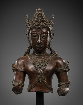 Lot 694 - A RARE BRONZE TORSO OF THE CROWNED BUDDHA, 17TH-18TH CENTURY