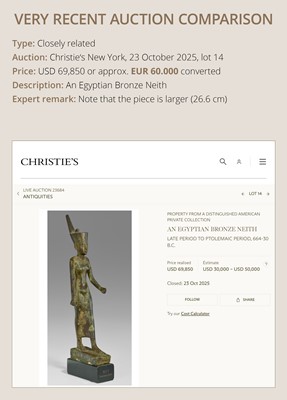 Lot 3 - AN EXCEPTIONALLY FINE BRONZE FIGURE OF NEITH AS A WARRIOR GODDESS, LATE PERIOD