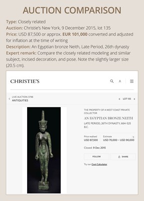 Lot 3 - AN EXCEPTIONALLY FINE BRONZE FIGURE OF NEITH AS A WARRIOR GODDESS, LATE PERIOD
