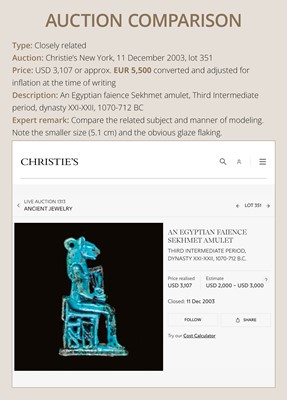 A TURQUOISE-GLAZED FAIENCE AMULET OF THE ENTHRONED SEKHMET, LATE PERIOD, DYNASTY XXVI (SAITE)