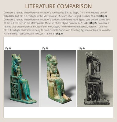 A TURQUOISE-GLAZED FAIENCE AMULET OF THE ENTHRONED SEKHMET, LATE PERIOD, DYNASTY XXVI (SAITE)