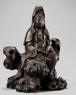 Lot 371 - NOMURA GENKO: A FINE INLAID WOOD FIGURE OF KANNON