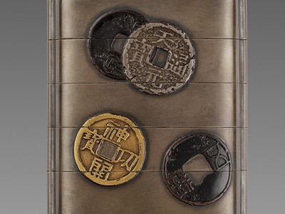 Lot 272 - KAN: A RARE FOUR-CASE LACQUER INRO WITH CHINESE AND JAPANESE COINS