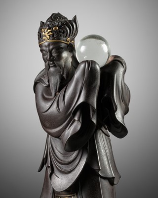 Lot 8 - A FINE PARCEL-GILT BRONZE OKIMONO OF RYUJIN PRESENTING A ROCK CRYSTAL SACRED JEWEL (YASAKANI NO NAGATAMA)