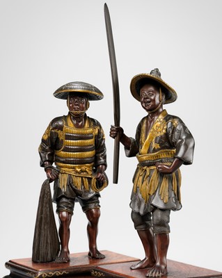 Lot 18 - MIYAO: A PAIR OF PARCEL-GILT BRONZE FIGURES DEPICTING FISHERMEN