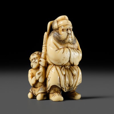 Lot 250 - A MARINE IVORY NETSUKE OF SHOKI AND ONI