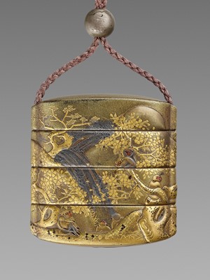 Lot 277 - AN EARLY THREE-CASE GOLD LACQUER INRO WITH MONKEYS AND WATERFALL
