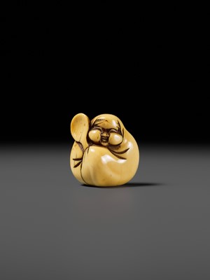 Lot 102 - DORAKU: AN AMUSING IVORY NETSUKE OF OKAME PARODYING DARUMA