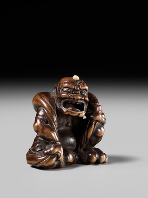 Lot 225 - ISSAI: A FINE WOOD NETSUKE OF FUJIN WITH HIS WIND BAG