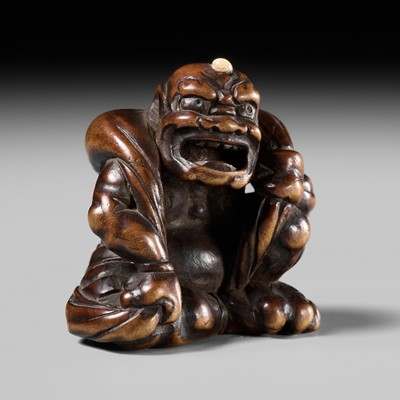 Lot 225 - ISSAI: A FINE WOOD NETSUKE OF FUJIN WITH HIS WIND BAG