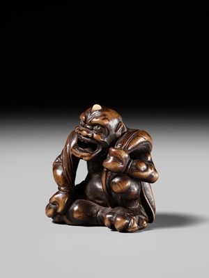 Lot 225 - ISSAI: A FINE WOOD NETSUKE OF FUJIN WITH HIS WIND BAG