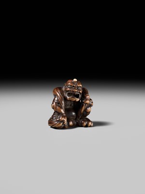 Lot 225 - ISSAI: A FINE WOOD NETSUKE OF FUJIN WITH HIS WIND BAG