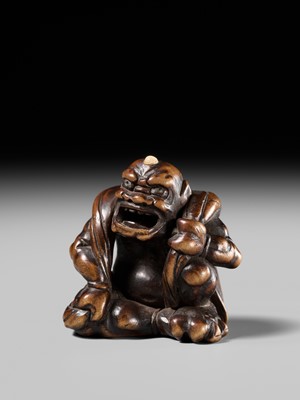 Lot 225 - ISSAI: A FINE WOOD NETSUKE OF FUJIN WITH HIS WIND BAG