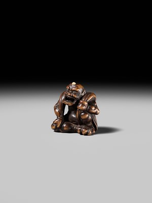 Lot 225 - ISSAI: A FINE WOOD NETSUKE OF FUJIN WITH HIS WIND BAG