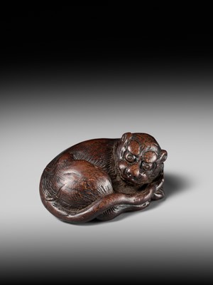 A SUPERB WOOD NETSUKE OF A RECUMBENT TIGER, ATTRIBUTED TO TAMETAKA