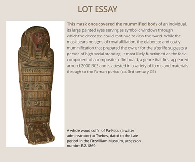 Lot 16 - AN EGYPTIAN GESSO PAINTED WOOD SARCOPHAGUS MASK, LATE PERIOD, 664-332 BC