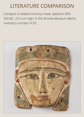 Lot 16 - AN EGYPTIAN GESSO PAINTED WOOD SARCOPHAGUS MASK, LATE PERIOD, 664-332 BC