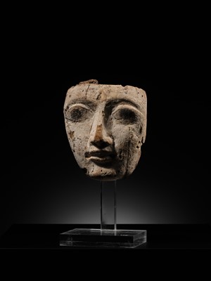 Lot 16 - AN EGYPTIAN GESSO PAINTED WOOD SARCOPHAGUS MASK, LATE PERIOD, 664-332 BC