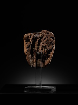 Lot 16 - AN EGYPTIAN GESSO PAINTED WOOD SARCOPHAGUS MASK, LATE PERIOD, 664-332 BC