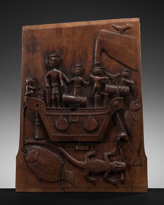 Lot 671 - AN IBAN HARDWOOD PANEL, DEPICTING A GUNBOAT HIJACKED BY SEA DAYAKS, 19TH CENTURY