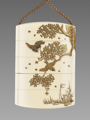 Lot 279 - A FINE FOUR-CASE LACQUERED IVORY INRO ENSEMBLE WITH PHEASANTS AND SPARROWS