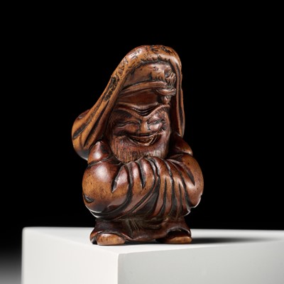 Lot 456 - A WOOD NETSUKE OF FUKUROKUJU