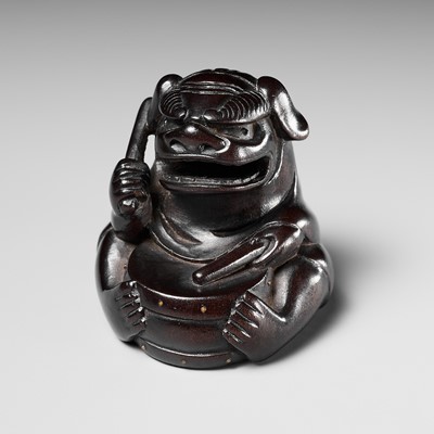 Lot 489 - MIWA: A WOOD NETSUKE OF A DRUMMING SHISHIMAI BOY