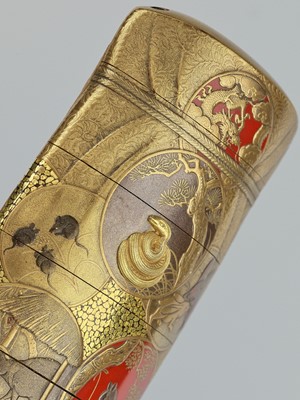 Lot 280 - TOBE KOFU: A SUPERB GOLD-INLAID FOUR-CASE LACQUER INRO WITH THE JUNISHI