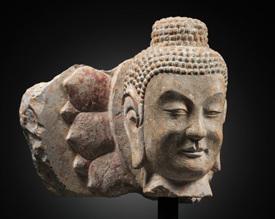 Lot 34 - A LIMESTONE HEAD OF BUDDHA, LATE NORTHERN WEI DYNASTY, 6TH CENTURY