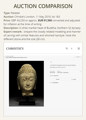 Lot 50 - A RARE AND MAGNIFICENT GILT GREEN MARBLE HEAD OF BUDDHA, NORTHERN QI DYNASTY, 550-577