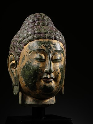 Lot 50 - A RARE AND MAGNIFICENT GILT GREEN MARBLE HEAD OF BUDDHA, NORTHERN QI DYNASTY, 550-577