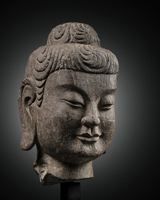 Lot 333 - A PURPLE LIMESTONE HEAD OF BUDDHA, LATE NORTHERN WEI DYNASTY