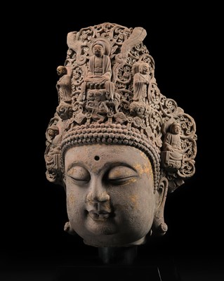 Lot 44 - A MONUMENTAL AND EXCEEDINGLY RARE GILT AND PAINTED SANDSTONE HEAD OF GUANYIN, NORTHERN SONG DYNASTY