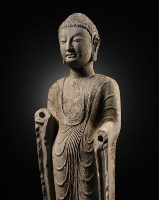 Lot 35 - A PAINTED LIMESTONE FIGURE OF BUDDHA, NORTHERN QI DYNASTY