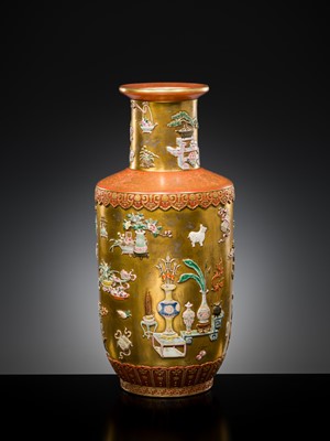 A RELIEF-DECORATED ‘HUNDRED TREASURES’ FAMILLE-ROSE VASE, LATE QING DYNASTY TO REPUBLIC PERIOD