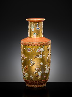 A RELIEF-DECORATED ‘HUNDRED TREASURES’ FAMILLE-ROSE VASE, LATE QING DYNASTY TO REPUBLIC PERIOD