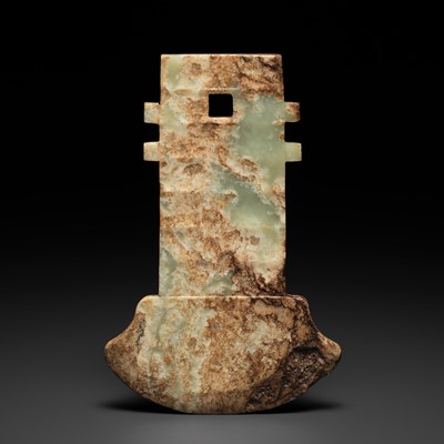 Lot 435 - A NOTCHED YELLOW JADE AXE, QI, ZHOU DYNASTY