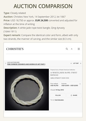 Lot 465 - A WHITE JADE ROPE-TWIST BANGLE, QING DYNASTY