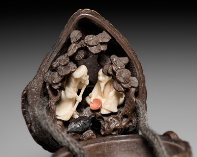 Lot 266 - GYOKUSO: A FINE SO SCHOOL WOOD NETSUKE OF A PINECONE ENCLOSING JO AND UBA