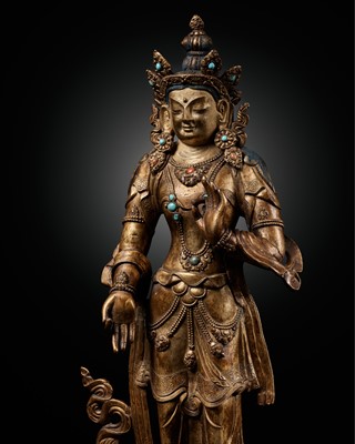 Lot 24 - A GILT BRONZE FIGURE OF AVALOKITESHVARA, TIBET, 17TH CENTURY