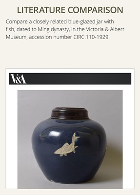 Lot 151 - A BLUE-GLAZED CARVED ‘FISH’ BALUSTER JAR, JIAJING PERIOD, 1521-1567