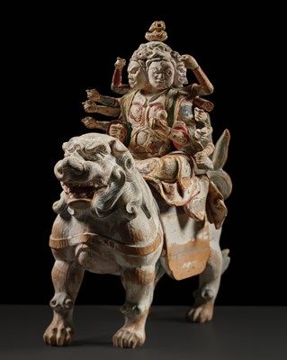 Lot 156 - A RARE AND FINE POLYCHROME WOOD FIGURE OF TOBATSU BISHAMONTEN ON A SHISHI, MUROMACHI PERIOD