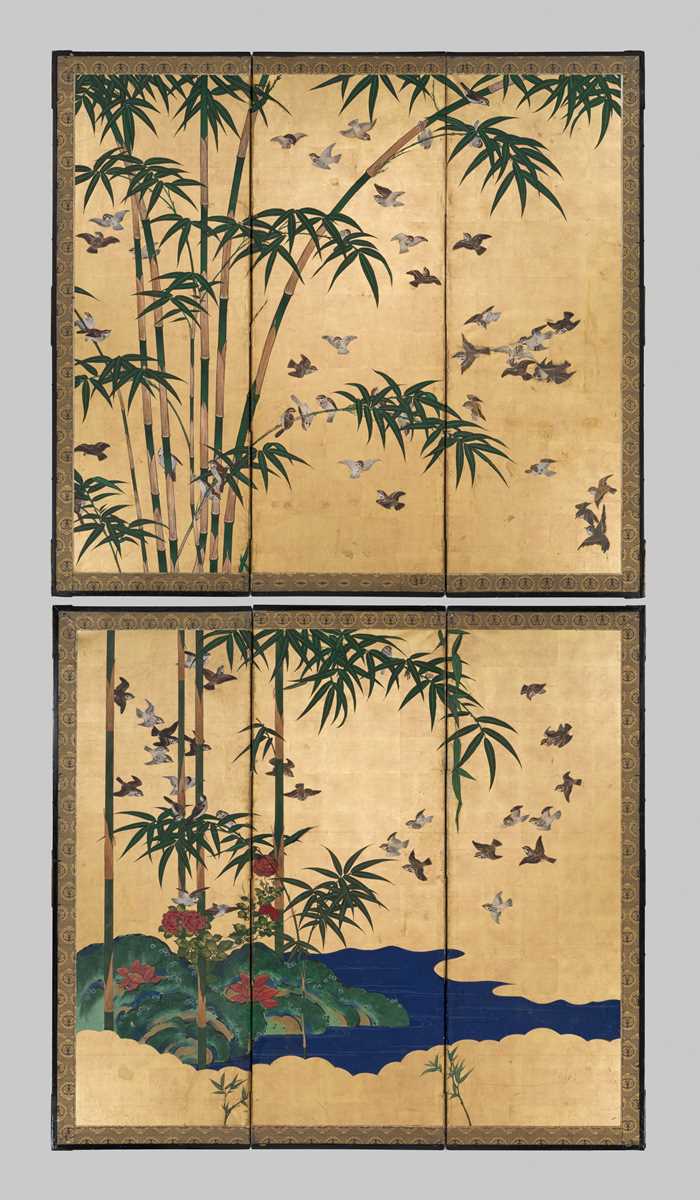 Lot 235 - A PAIR OF THREE-PANEL BYOBU (FOLDING SCREENS) WITH SPARROWS AND BAMBOO