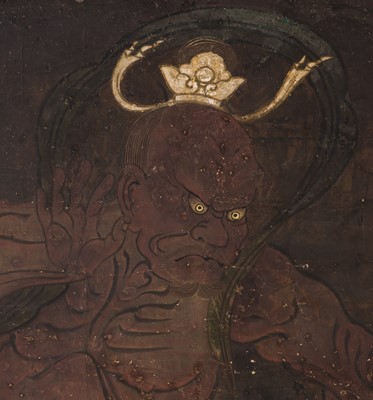 AN EXCEPTIONALLY RARE AND IMPRESSIVE TWO-PANEL BYOBU SCREEN DEPICTING NIO GUARDIANS, KAMAKURA TO EARLY MUROMACHI