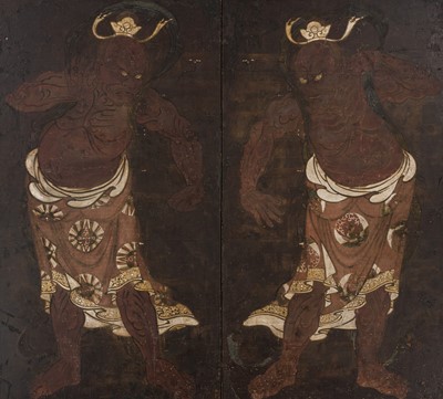 AN EXCEPTIONALLY RARE AND IMPRESSIVE TWO-PANEL BYOBU SCREEN DEPICTING NIO GUARDIANS, KAMAKURA TO EARLY MUROMACHI