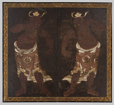 Lot 144 - AN EXCEPTIONALLY RARE AND IMPRESSIVE TWO-PANEL BYOBU SCREEN DEPICTING NIO GUARDIANS, KAMAKURA TO EARLY MUROMACHI