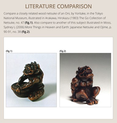 Lot 211 - A RARE WOOD NETSUKE OF A RESTRAINED RAIJIN, CIRCLE OF YORITAKE