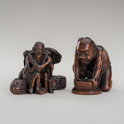 Lot 1285 - A LOT WITH TWO FINE WOOD NETSUKE, ONE BY CHIKUSAI