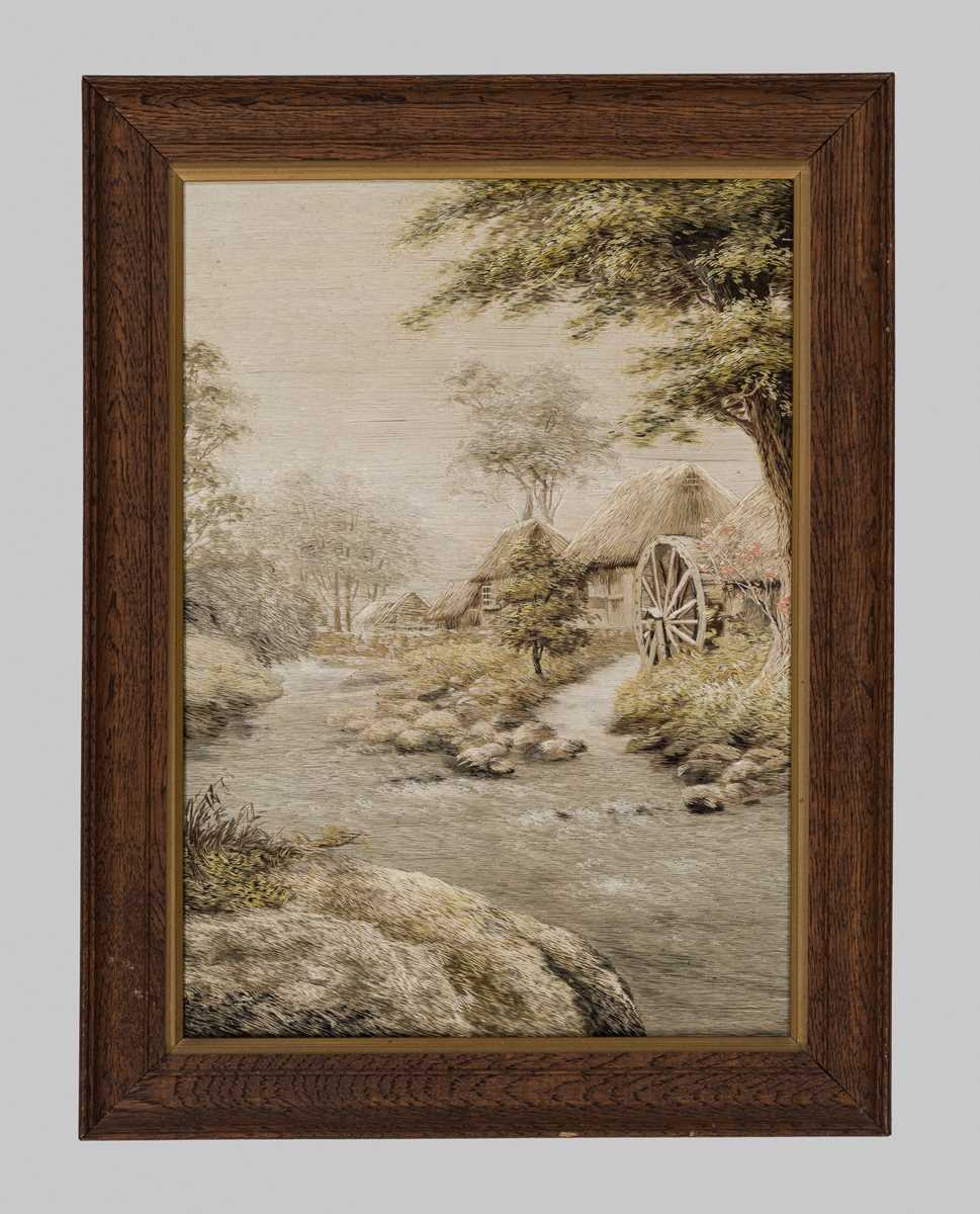 Lot 231 - A SILK-EMBROIDERED PANEL OF A RURAL LANDSCAPE