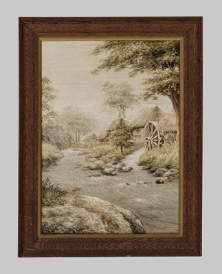 Lot 567 - A SILK-EMBROIDERED PANEL OF A RURAL LANDSCAPE